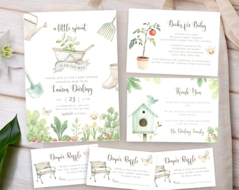 A Little Sprout babyshower uitnodigingsbundel, aquarel tuinieren strooi, boeren lokaal geteeld, bewerkbare canvassjabloon | TPL079
