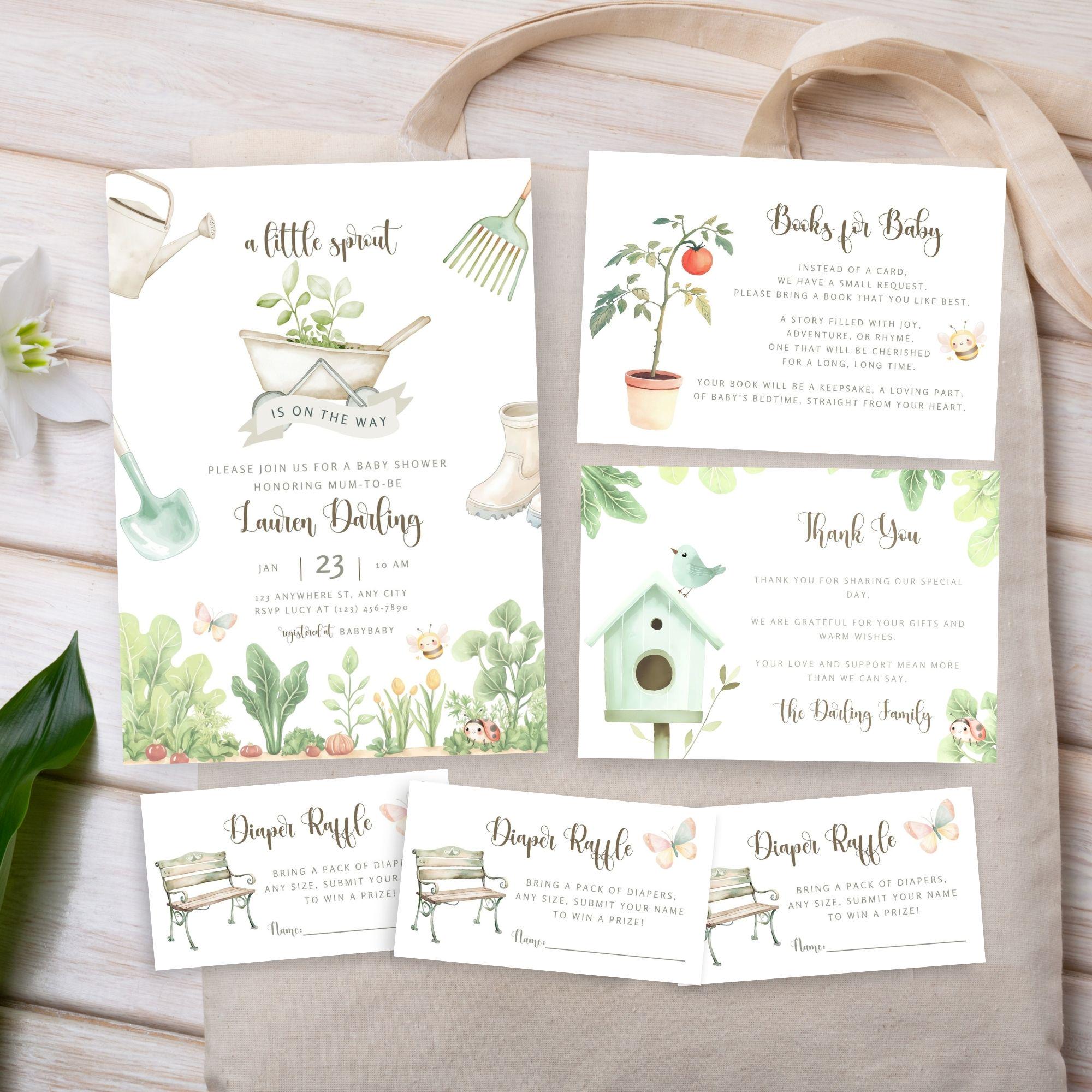 Ein kleines Sprossen-Babyparty-Einladungspaket, Aquarell-Gartensprenkel, Bauern aus lokalem Anbau, bearbeitbare Canva-Vorlage | TPL079