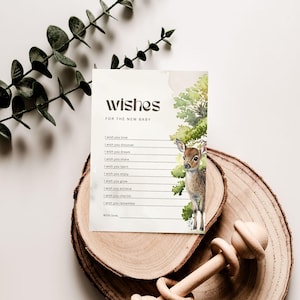 Woodland Wild One babyshowerwensen voor babykaart 5 x 7 inch, betoverde bosdieren, rustiek groen, bewerkbare sjabloon in canva | TPL017