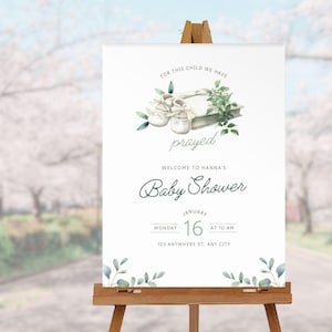 For This Child We Have Prayed Baby Shower Welcome Sign, Christian Bible and Booties, Neutral Editable Canva Template | TPL066