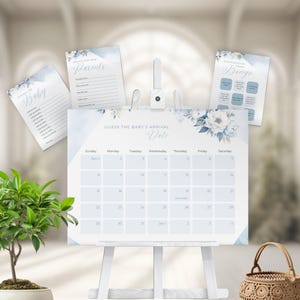 Paquete de juego de baby shower con saludos azules, niño en azul polvoriento, decoración floral bohemia, plantilla de Canva moderna y editable / TPL024