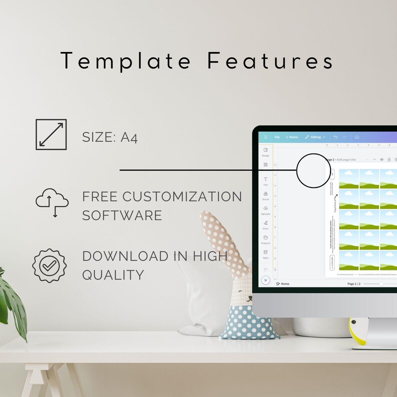 Puede incluir: Una pantalla de ordenador muestra una plantilla de dise&ntilde;o con un patr&oacute;n de paisaje verde y azul. El texto "Template Features" est&aacute; en la parte superior de la imagen. Debajo del texto hay tres iconos con texto: "SIZE: A4", "FREE CUSTOMIZATION SOFTWARE" y "DOWNLOAD IN HIGH QUALITY".