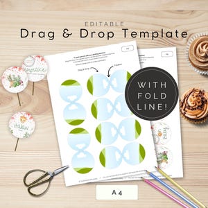 Modello di stampa per topper per cupcake, trascina e rilascia in Canva, topper da 2×2 pollici su pagina A4, adatto per il taglio a macchina / TPL000