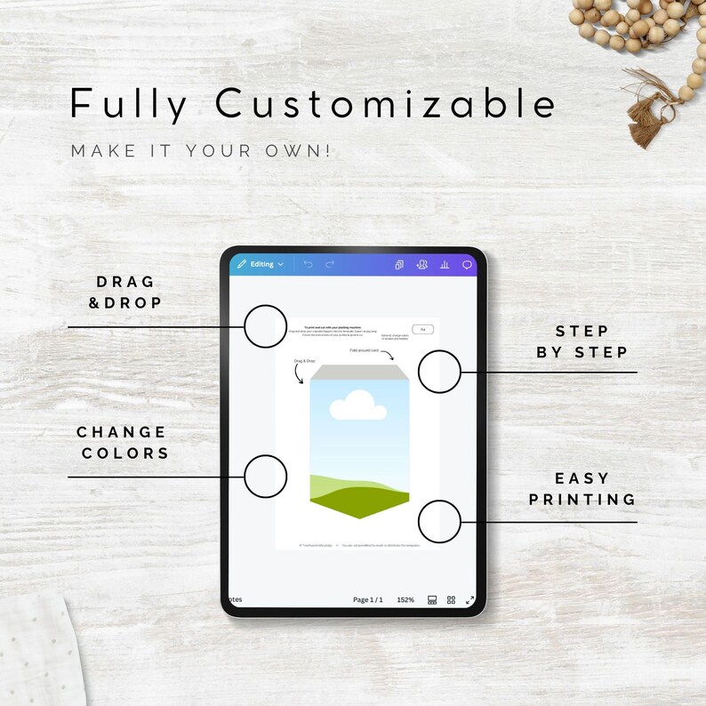 May include: A tablet screen showing a digital design template with a cloud, grass, and a green arrow. The text "Fully Customizable" and "Make it your own!" is at the top of the screen. The text "Drag & Drop", "Change Colors", "Step by Step", and "Easy Printing" is around the screen.