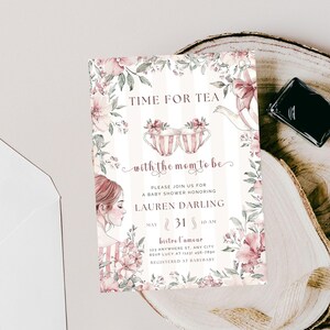 Invitation baby shower de l&#39;heure du thé à imprimer, modèle aquarelle rose grand millénaire, goûter pour deux, toile modifiable | TPL086