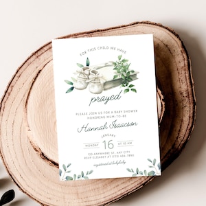 For This Child We Have Prayed Baby Shower Invitation, Christian Bible and Booties, Neutral Editable Canva Template | TPL066