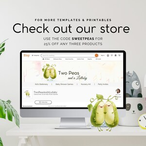 May include: A computer screen displaying the Etsy shop "Two Peas and a Lullaby" with a watercolor illustration of two peas in pods. The shop offers printable products for kids, baby showers, nursery art, and party invites. The text "USE THE CODE SWEETPEAS FOR 25% OFF ANY THREE PRODUCTS" is displayed on the screen.