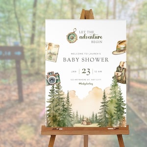 Cartello di benvenuto per baby shower Let The Adventure Begin, tema Happy Little Camper, foresta ad acquerello, modello personalizzabile a casa / TPL098