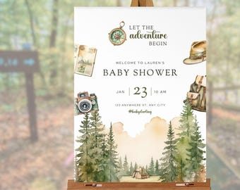 Let The Adventure Begin Babyparty Willkommensschild, glückliches kleines Camper Thema, Aquarell Wald, zu Hause personalisieren Vorlage | TPL098