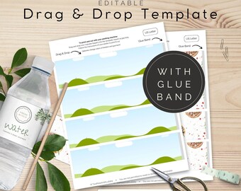 Water Bottle Label Printing Template, Drag and Drop in Canva, 8×2" inch labels on US Letter Page, Suitable for Machine Cutting | TPL000