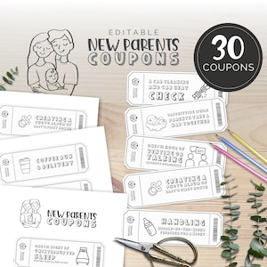 30 kuponów dla nowych rodziców, bon upominkowy na baby shower, prezent dla przyszłej mamy i przyszłego taty, minimalistyczny nowoczesny, edytowalny szablon Canva | TPL030