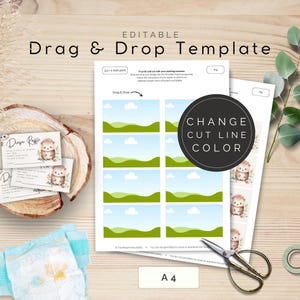 May include: Editable printable template for a diaper raffle. The template features a cute hedgehog design with green hills and blue clouds. The template is designed to be printed on 3.5 x 2 inch paper and cut out with a cutting machine. The template includes instructions for changing the cut line color.