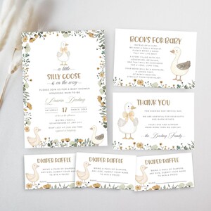 Inbjudningsset till babyshower med fåniga gåsar, vårfestpaket med bo, söt liten gås, Canva-mall | TPL090