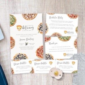 Spezielle Lieferung Babypartyeinladung Set, Scheibe Scheibe Baby Neutral einladen, Pizza und Gebräu, zu Hause Vorlage | TPL121