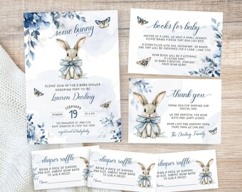 May include: Blue and white baby shower invitation with a watercolor bunny illustration. The invitation includes the text "some bunny" and "Please join us for a baby shower honoring Mum-to-be Lauren Darling".
