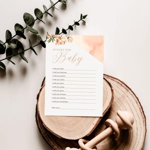 Blush Rosa Babyparty-Wünsche für Baby, Hallo Baby, Aquarell Pfirsich Pfingstrose, moderne, bearbeitbare Canva Vorlage | TPL022