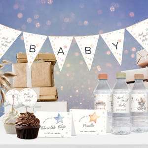 Paquete de decoración para fiesta de baby shower, Rock and Stroll, pancarta, adornos, etiquetas y tarjetas de buffet, plantilla de Canva editable / TPL007