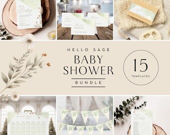 Sage Green Hello Baby Shower Mega Bundle, Invitation Set, Decoration and Games, Neutral Decor, Modern, Editable Canva Template | TPL023