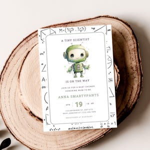Little Scientist Baby Shower Invitation, Neutral Nerdy Baby Shower, Cute Green Robot, Editable Canva Template | TPL056