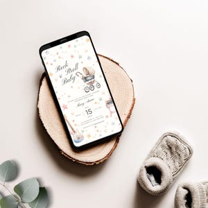 Rock and Stroll Baby Shower Evite, Phone Size, Born to Rock and Roll, Cute Pastel Guitar, Editable Template in Canva | TPL007