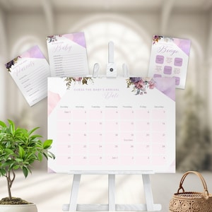Paquete de juego de bienvenida al bebé con texto "Hola" en morado, lavanda neutra en cuanto al género, decoración floral bohemia, plantilla Canva moderna y editable / TPL026