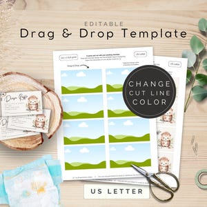Modello di stampa per biglietti da visita con lettere USA da 3,5x2 pollici, dimensione del pannolino per la partecipazione alla lotteria per il baby shower, trascina e rilascia in Canva, cambia il colore della linea di taglio / TPL000