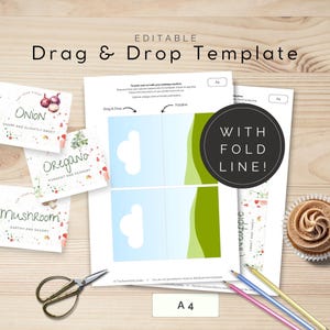 Modello di stampa per segnaposto per buffet, trascina e rilascia in Canva, segnaposto 4×6" con linea di piega, pagina A4, adatto per plotter / TPL000