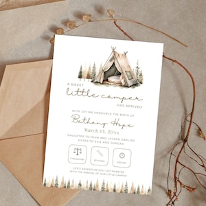 Faire-part de naissance petit campeur, Un nouveau-né est né, Thème du camping rustique, Aquarelle de forêt, Modèle canevas modifiable | TPL043