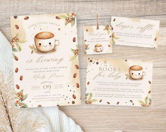 Etwas Süßes braut Babypartyeinladungspaket, Kaffeebohne-Baby, neutrale elegante, bearbeitbare Canva-Vorlage | TPL005