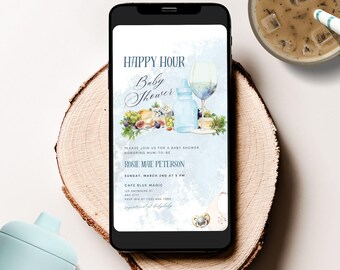 Happy Hour Baby Shower Digital Evite in Blue, Baby Boy Cheers, Brunch and Bubbly Theme, Editable Canva Template | TPL062