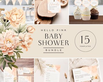 Könnte beinhalten: Ein Set mit 15 druckbaren Babyparty-Vorlagen mit einem Pfirsich- und weißen Blumendesign und dem Text "Hello Pink Baby Shower Bundle".