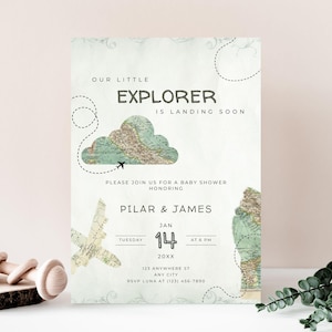 Landing Soon Baby Shower Invitation 5x7 inch Printable, Vintage Airplane Design, Travel Theme Baby Shower, Editable Canva Template | TPL014