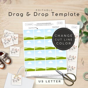 Plantilla de impresión de etiquetas con letras de EE. UU. de 2 x 2 pulgadas, tamaño de tarjeta de agradecimiento para baby shower, arrastrar y soltar en Canva, cambiar el color de la línea de corte / TPL000