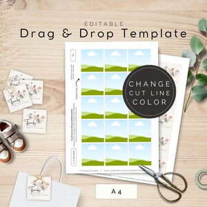 Modello di stampa A4 per biglietti da 2x2 pollici, biglietti di ringraziamento per baby shower, trascina e rilascia in Canva, cambia colore della linea di taglio / TPL000