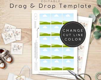 A4 Print Template for 2x2 inch Cards, Thank you Tag Cards for Baby Shower, Drag and Drop in Canva, Change Cut Line Color | TPL000