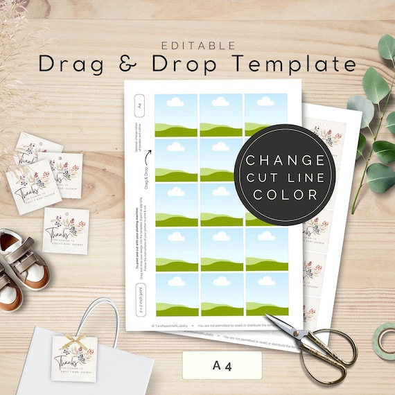 A4 Print Template for 2x2 inch Cards, Thank you Tag Cards for Baby Shower, Drag and Drop in Canva, Change Cut Line Color | TPL000