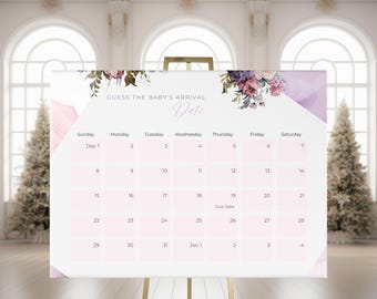 May include: A pink and purple floral design baby shower game with a calendar for guests to guess the baby's arrival date. The calendar is labeled with the months December and January. The text "Guess the Baby's Arrival Date" is at the top of the calendar.