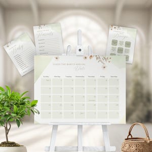 Paquete de juego para baby shower en color verde salvia, decoración floral bohemia, plantilla de Canva editable moderna de Hello Baby de género neutro / TPL023