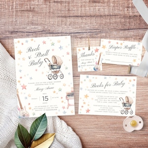 Rock and Stroll Baby Shower Invitation Bundle, Born to Rock and Roll, Cute Pastel Guitar, Editable Template in Canva | TPL007