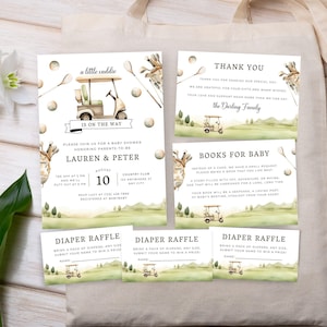 Uitnodigingssuite babyshower met golfthema, een kleine caddy is onderweg, aquarelveld en T-shirt, sjabloon voor thuis personaliseren | TPL116