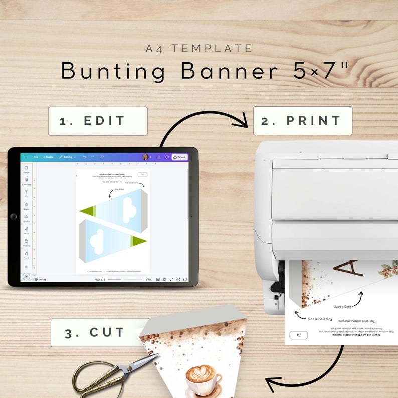 May include: A printable template for a 5x7 inch bunting banner. The template shows a light blue and green banner with a cloud design. The instructions are to edit, print, and cut the banner.
