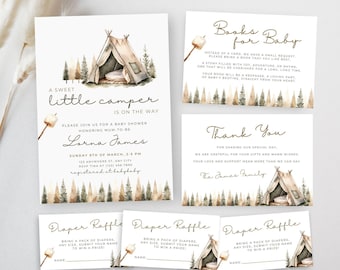 Little Camper Babyparty laden Bündel ein, rustikales Camping Thema, Aquarell Wald, geschlechtsneutral, bearbeitbare Canva Vorlage | TPL043