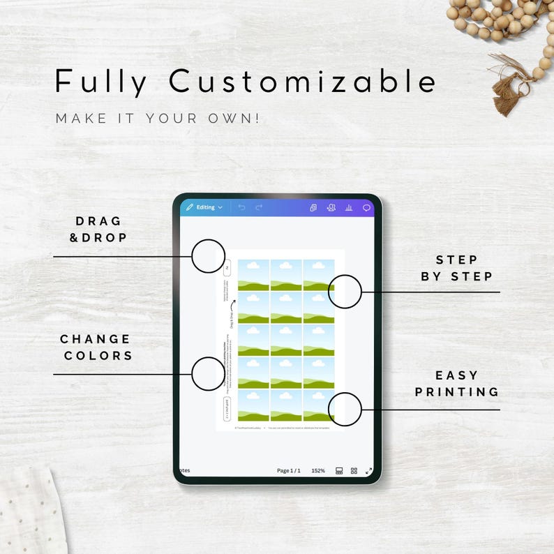 Puede incluir: Una captura de pantalla de una tableta que muestra una plantilla de dise&ntilde;o digital con un patr&oacute;n de paisaje verde y azul. El texto "Totalmente personalizable" y "&iexcl;Hazlo t&uacute; mismo!" est&aacute; en la parte superior de la pantalla. El texto "Arrastrar y soltar", "Cambiar colores", "Paso a paso" y "F&aacute;cil impresi&oacute;n" est&aacute; en la pantalla.