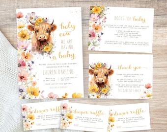 Highland Kuh Babyparty Einladung Bündel, gelbe Wildblumen Boho, süße Kuh, geschlechtsneutral, bearbeitbare Canva Vorlage | TPL074