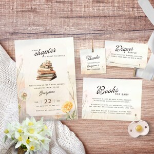 Pacchetto di inviti per il nuovo capitolo del baby shower, 5 biglietti stampabili, tema del libro di fiabe Boho, modello modificabile in Canva / TPL009