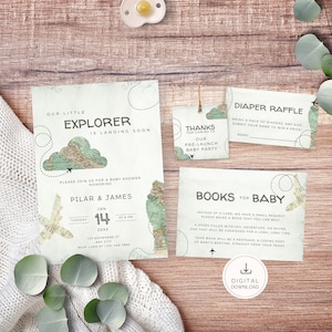 Landing Soon Baby Shower Invitation Bundle, Vintage Airplane Design, Travel Theme Baby Shower, Editable Canva Template | TPL014