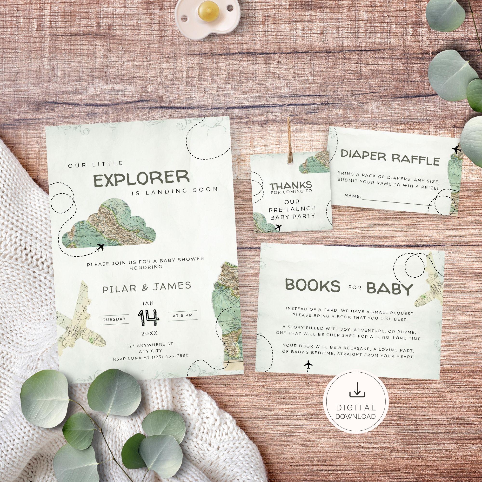 Landing Soon babyshower uitnodigingsbundel, vintage vliegtuigontwerp, babyshower reisthema, bewerkbare canvassjabloon | TPL014