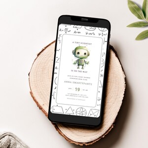 Little Scientist Baby Shower Digital Invite, Neutral Nerdy Baby Shower, Cute Green Robot, Editable Canva Template | TPL056