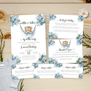 Suite d'invitations pour baby shower garçon petit chaton, modèles pour baby shower de la jungle bleue, bébé chat sauvage modifiable à personnaliser | TPL118