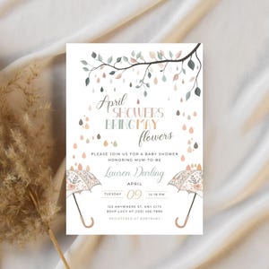 April Showers Bring May Flowers Baby Shower Invite, Spring Sprinkle, Watercolor Raindrops, Personalize at Home Template | TPL099